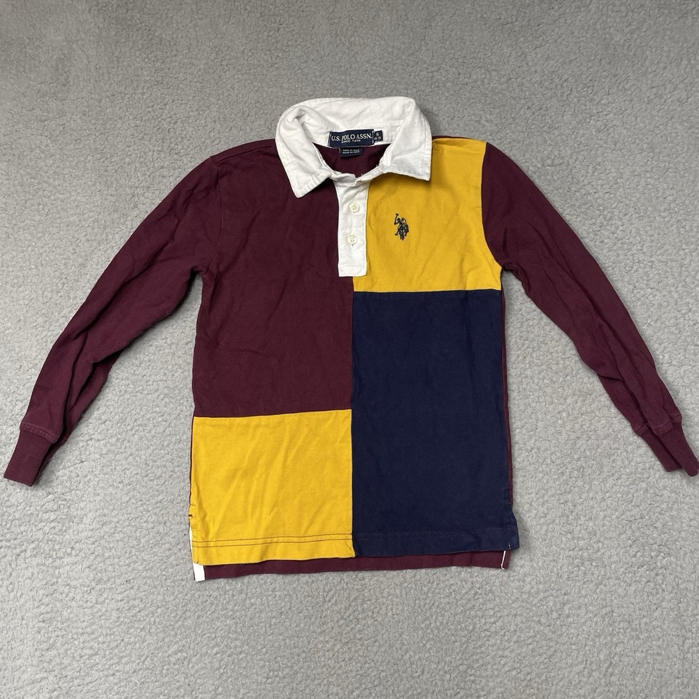 U.S. Polo Assn Boy Long Sleeve Colorblock Rugby Shirt Size S 6/7 Red Yellow Blue